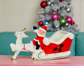 Maceta navideña vintage de Norcrest, Japón, Brinns, Papá Noel, reno, trineo, años 50, MCM, porta caramelos