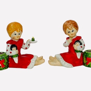 Vintage Christmas Candleholder Girls with Dolls Japan Retro MCM