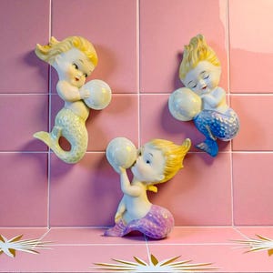Vintage RARE Norcrest Mermaid Wall Plaque Japan Bubble Mermaids 3 Piece Set MCM Kitsch 1950s