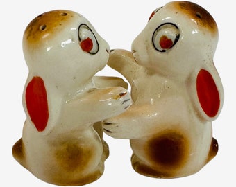 Vintage Easter Bunny Rabbit Hugging Salt and Pepper Shakers 1940s Orange Eyes Kitsch Japan MCM Figurines