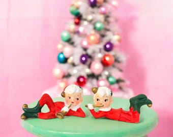 Vintage Napco Christmas Pixie Elf Musicians X6943 Red & Green Elf Duo MCM Japan