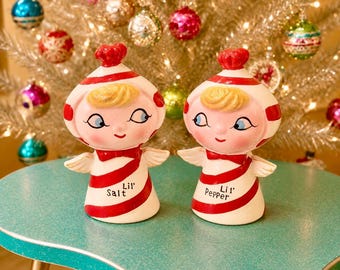 Vintage Holt Howard Christmas Candy Cane Angels Lil Salt & Pepper Shakers Pixieware MCM Japan