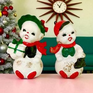 Vintage Norcrest Christmas Snowman Mr & Mrs Salt and Pepper Shakers Figurines Japan MCM 1950s