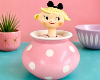 Rare Vintage Holt Howard Era Pixieware Pink Girl Sugar Jar Jam Condiment Jar Japan 1950s MCM Anthropomorphic Bowl by Empress
