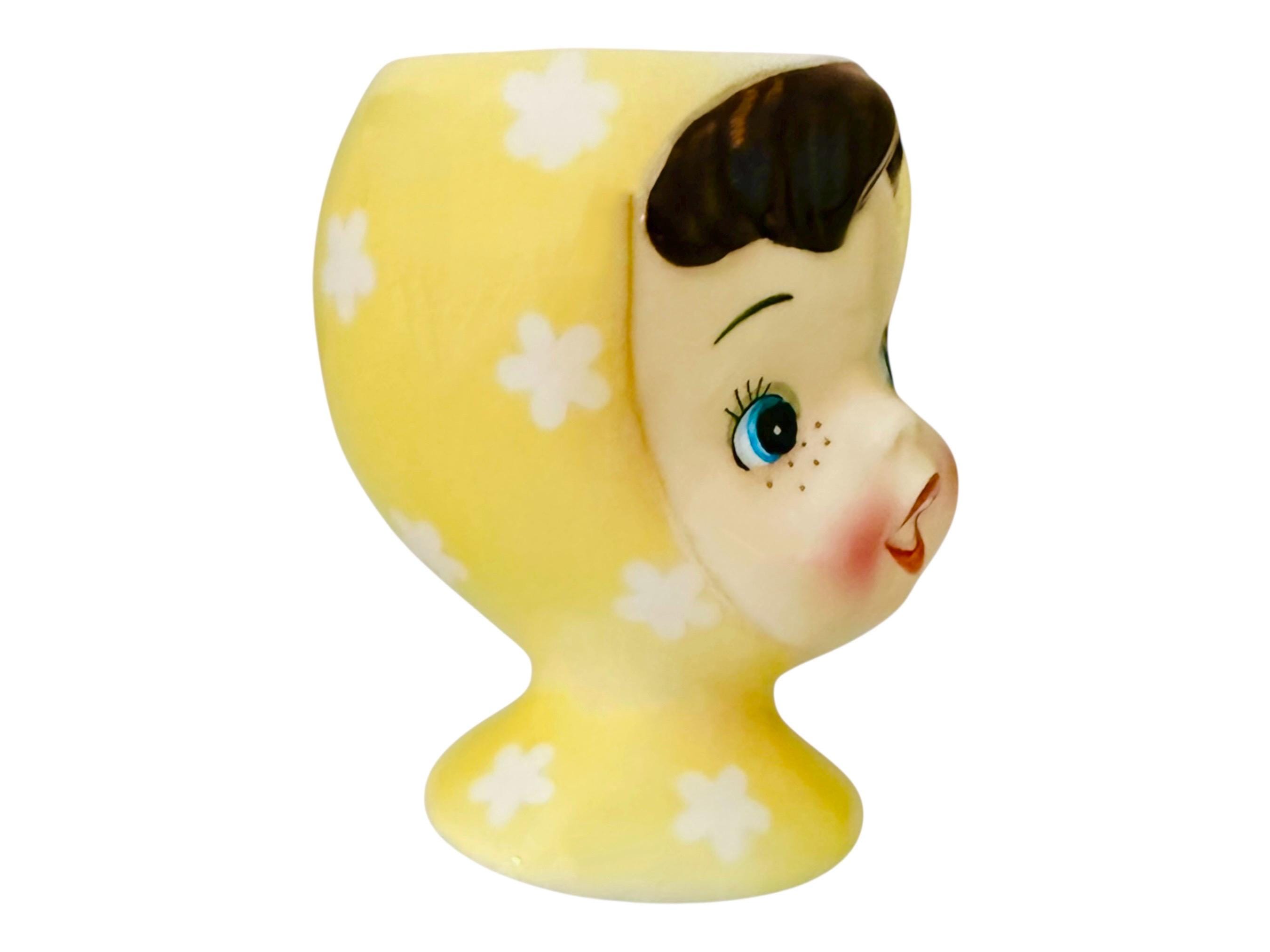 Vintage Napco Miss Cutie Pie Yellow Egg Cup Brunette Girl