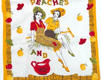 Vintage Farm House Country Girls Peaches and Cream barkcloth Tea Towel Pinup 1950s MCM Retro Kitchen