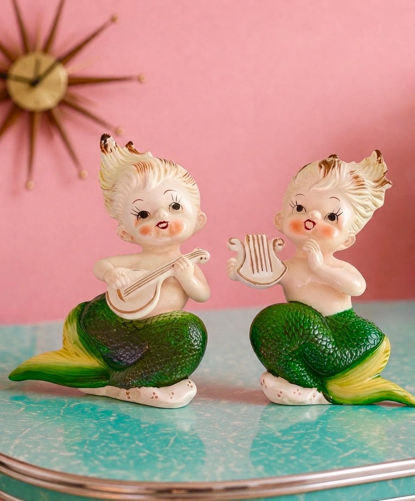 Vintage 1950s Bradley Mermaid Wall Plaques Pair 2 Japan Mid