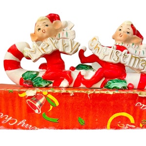 Vintage Norcrest Christmas Pixie Elves on a Candy Cane Japan MCM 1950s Figurine image 1