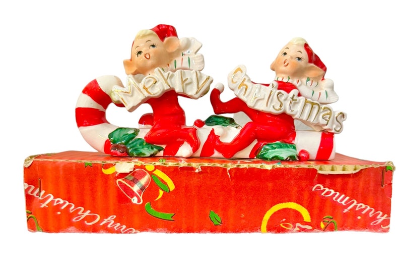 Vintage Norcrest Christmas Pixie Elves on a Candy Cane Japan MCM 1950s Figurine image 1