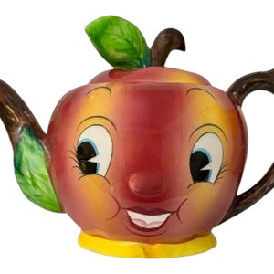 Vintage PY Anthropomorphic Japan Red Apple Teapot 1950s MCM Kitsch