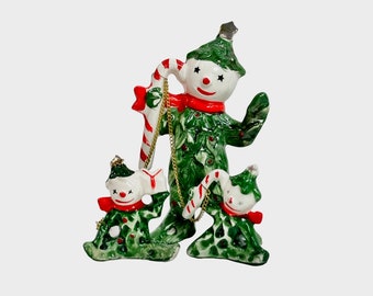 Vintage Commodore Christmas Holly Snowman Christmas Tree Chained Figurine Set Holt Howard 1950s MCM