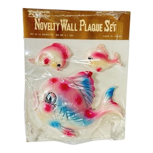 Vintage Pink Chalkware Fish Wall Plaque Set in Original Packaging  MCM Japan Kitsch