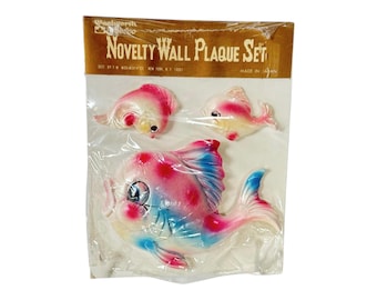 Vintage Pink Chalkware Fish Wall Plaque Set in Original Packaging  MCM Japan Kitsch