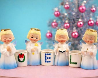 Vintage Shafford NOEL Angels Candleholders Christmas Figurines Japan MCM 1950s