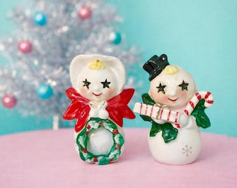 Figuras de pareja de muñecos de nieve atómicos navideños vintage de Norcrest, adornos de la década de 1950, raras, MCM, Japón