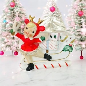 RARO Vintage Natal Relpo Rubens Skater Girl Rena Candy Cane Planter Trenó Japão