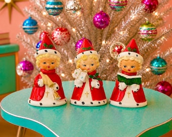 Vintage Norcrest Metasco Christmas Girl Figurines MCM Japan Shopper Girls 1950s