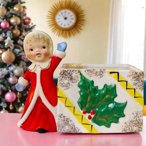 Vintage Norcrest Christmas Shopper Girl Planter Candy Cane Holder Holly Berries 1950s Japan MCM