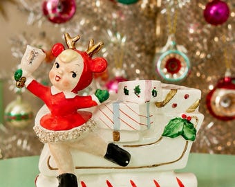 Vintage Norcrest Christmas Ice Skater Reindeer Girl Candy Cane Planter Sleigh Japan MCM 1950s Figurine HTF RARE
