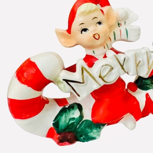 Vintage Norcrest Christmas Pixie Elves on a Candy Cane Japan MCM 1950s Figurine image 4