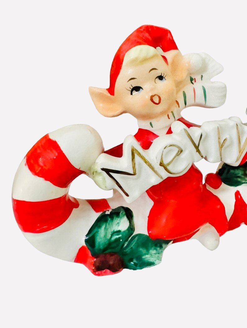 Vintage Norcrest Christmas Pixie Elves on a Candy Cane Japan MCM 1950s Figurine image 4