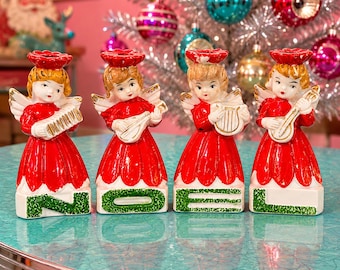 Vintage NOEL Musical Angel Candleholders Japan 1940 1950s Mid-Century Christmas
