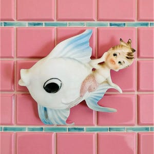 Vintage Nocrest Pink Mermaid Wall Plaque Pink Blue Fish Plaque 1950s Japan MCM