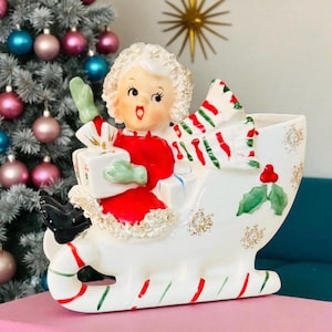 Vintage 1950s Napco Christmas Shopper Girl in Candy Cane Sleigh Planter Candy Cane Holder Japan MCM