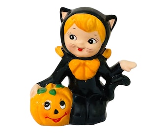 Vintage Lefton Halloween Girl Black Cat Costume Pumpkin Kitsch MCM