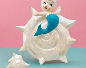 Vintage Lefton Mermaid on Seashell Wall Plaque 1950s MCM Japan