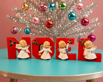 Vintage Napco Christmas NOEL Candleholder Angel Wall Pockets Figurines Happy Yuletide Quartet 1950s Japan MCM
