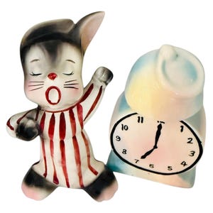 Vintage PY Enesco Japan Sleepy Bunny Rabbit Clock Salt and Pepper Shakers Japan MCM