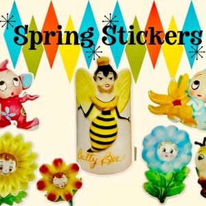 Vintage Anthropomorphic Kitsch Stickers | PY Miyao Flower Wall Plaques | Pixies | MCM 1950s 1960s Japan