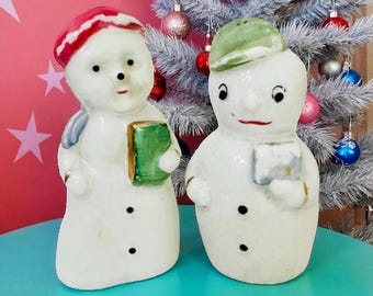 ヴィンテージ セラミック スノーマン 2 個セット、ランタン