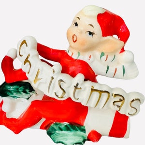 Vintage Norcrest Christmas Pixie Elves on a Candy Cane Japan MCM 1950s Figurine image 3