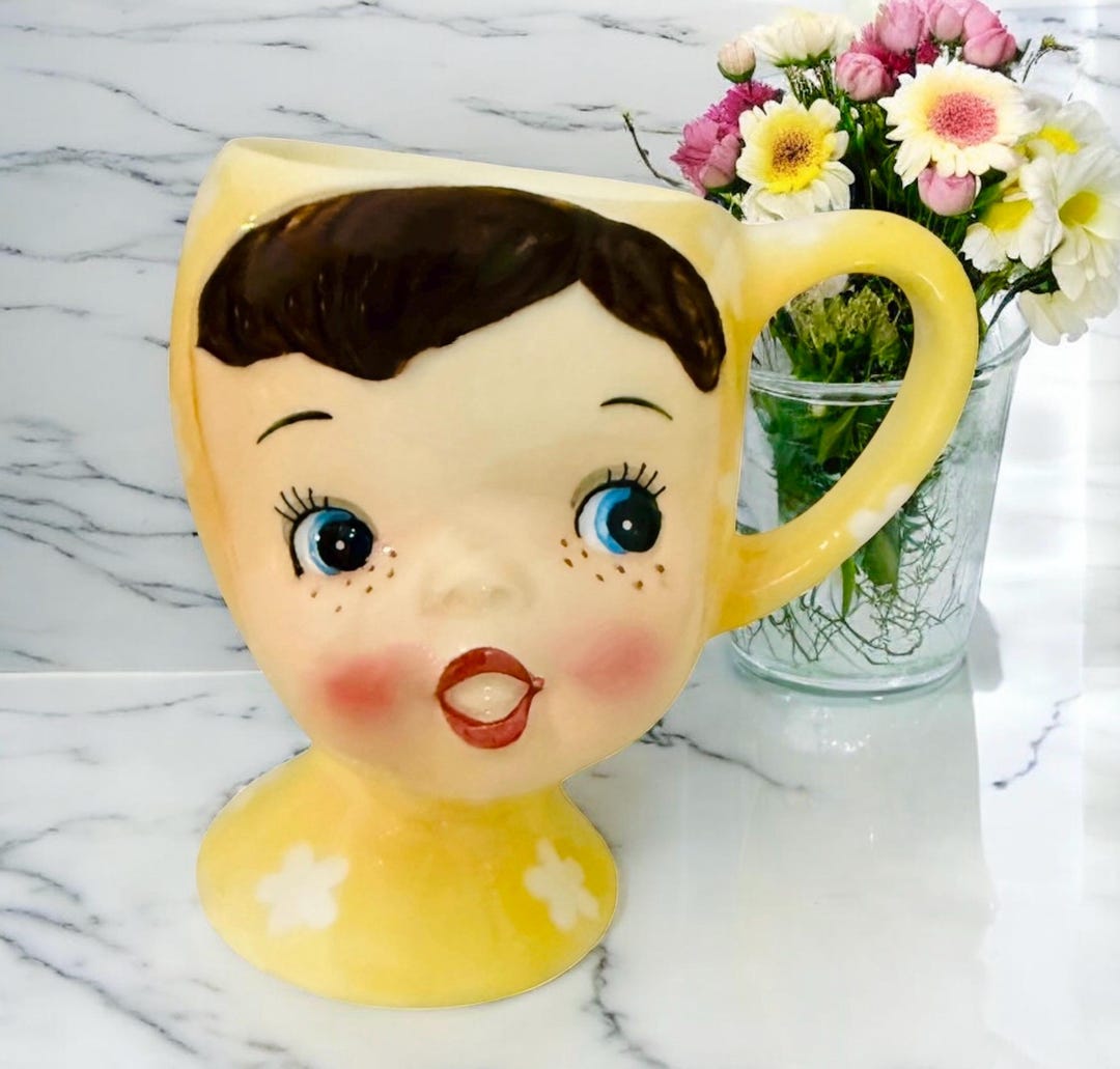 Vintage Napco Miss Cutie Pie Yellow Egg Cup Brunette Girl