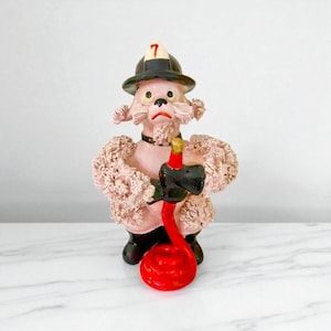 Vintage Pink Spaghetti Poodle Fireman with Hose and Hat 1950s MCM Japan