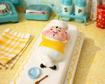 Vintage Napco Pixieware Anthropomorphic Happy Chef Butter Dish 1950s MCM Japan 1950s Kitsch RARE