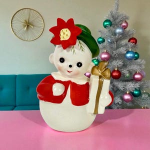 Vintage Josef Originals Snowman Snow Lady Christmas Shopper Planter Japan MCM 1950s