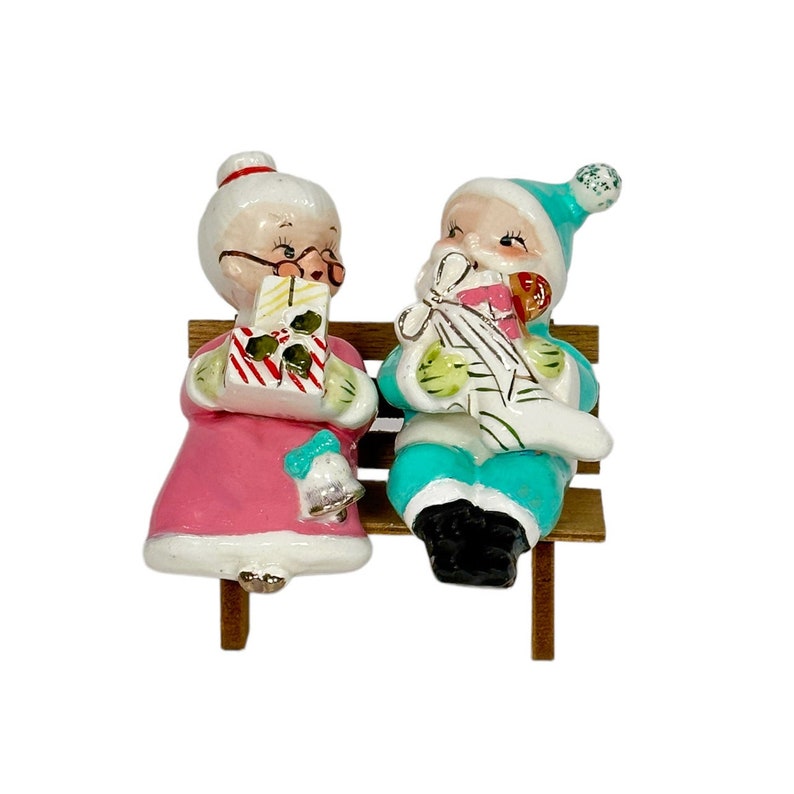 Vintage Santa and Mrs. Claus on Bench Pink Christmas Salt and Pepper Shakers Japan Upcycled Blue store Pastels Kitsch Retro MCM