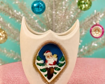 Vintage Holt Howard Santa in the Snow Woodland Planter Vase 3D Christmas Diorama Mid-Century Japan