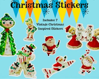Vintage Christmas Holt Howard Stickers | Starry Eyed Santa | Christmas Shopper Girls | Kitsch 1950s 1960s MCM Japan