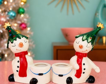 Vintage Holt Howard Ole Snowy Snowman Candleholders 1958 Christmas Japan MCM
