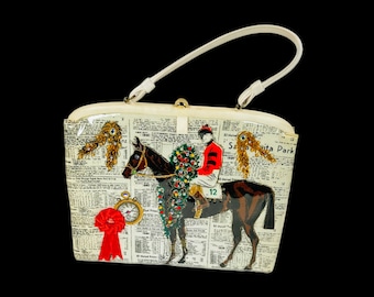 Vintage Soure’ New York Jockey Horse Racehorse Equestrian Purse Handbag Tote Bag Appliques 1950s Novelty Pinup Rockabilly Mid-Century Kitsch