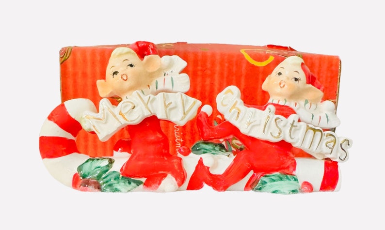 Vintage Norcrest Christmas Pixie Elves on a Candy Cane Japan MCM 1950s Figurine image 8