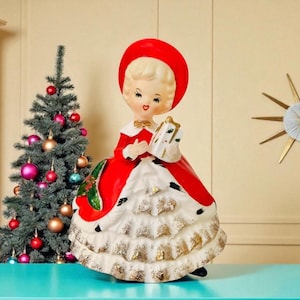 Vintage Napco Christmas Shopper Girl Planter Headvase Inarco 1950s Japan Mid-Century Modern Retro