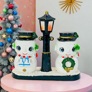 Vintage Blume Japan Christmas Snowman Couple with Light Post 1950s MCM Kitsch Figurine
