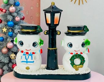 Vintage Blume Japan Christmas Snowman Couple with Light Post 1950s MCM Kitsch Figurine