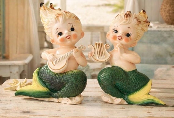 マーメイドサンシャインオブジェ海より愛を込めてピンキー Vintage 1950s Bradley Mermaid Wall Plaques Pair 2 Japan Mid