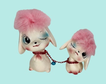 Vintage Japan Kitsch Big Eye Wink Furry Puppy Dog Figurines Pink Fur Hair Blue Eye Shadow